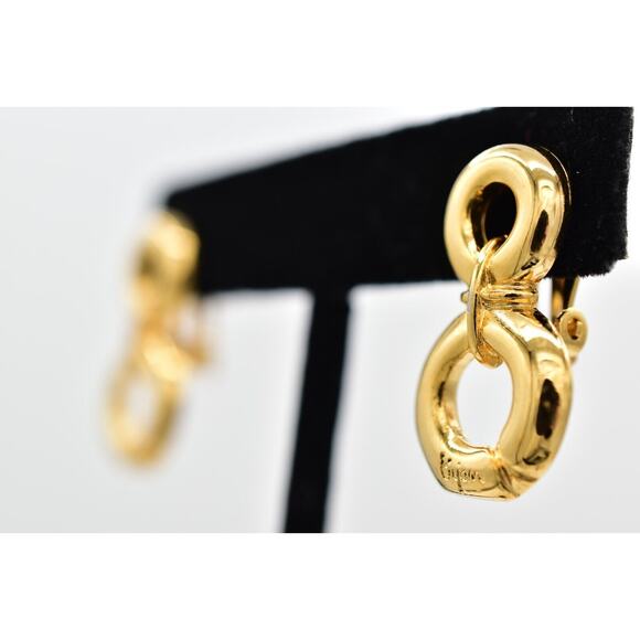 Bijan Vintage Clip On Earrings Chunky Gold Dangle Door Knocker Signed 1980s 9L - Picture 2 of 12